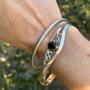 VTG Silver Tone Cuff Bracelets with Black Stones – 2 LOT